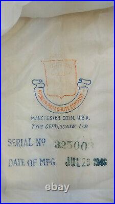 1946 UNUSED 24' SILK PARACHUTE + PILOT CHUTE Pioneer Parachute Co-NO CORDS/BAG