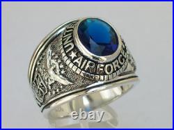925 Silver United States Air Force Military September Blue Men's Ring Size 7-14