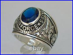 925 Silver United States Air Force Military September Blue Men's Ring Size 7-14