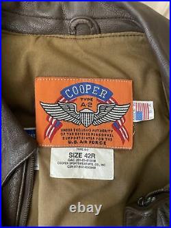 Cooper A-2 Brown Flight USAF Bomber Leather Goatskin Jacket Sz 42R Lrg Crisp