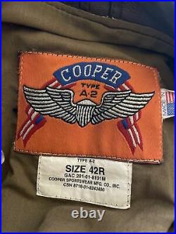 Cooper A-2 Brown Flight US Air Force Bomber Leather Goatskin Jacket 42R Lrg