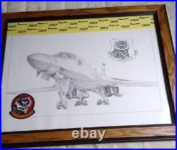 Hand Drawn Signed Framed Art of Fighter Jet Tiger 37th Bomb Squadron with Patch