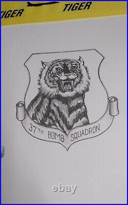 Hand Drawn Signed Framed Art of Fighter Jet Tiger 37th Bomb Squadron with Patch
