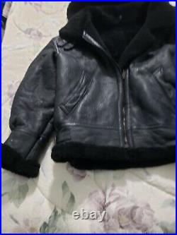 Mens USAF Bomber Jacket Leather Shearling Black Type G-8 Size XL withHood