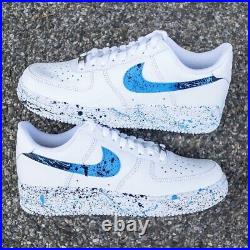 Nike Air Force 1 Custom Light & Dark Blue Splatter? Swoosh White Shoes Mens
