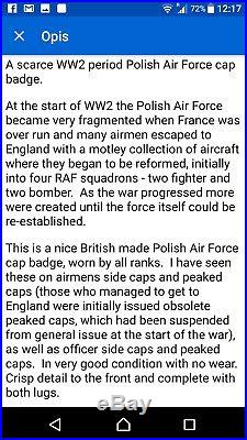 Rare WW2 PAF RAF Polish Air Force Hat Badge Eagle Pologne