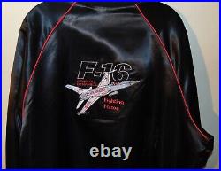 Vintage 1980's Black Satin General Dynamics F-16 Fighting Falcon Souvenir Jacket