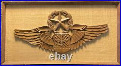 Vintage Air Force Militaria Art Wooden Carving Grass Cloth 20th Century Wings