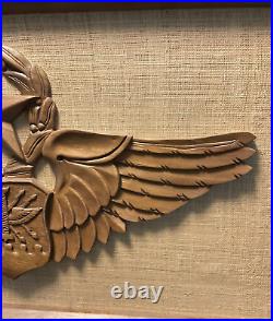 Vintage Air Force Militaria Art Wooden Carving Grass Cloth 20th Century Wings