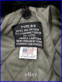 Vintage Avirex B-15 Black Leather Bomber Flight Jacket USAF Navy Men Large