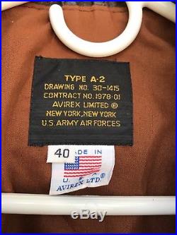 Vntg Avirex Ltd A2 Brown Bomber Air Force Aviator Goatskin Leather Jacket 40 USA