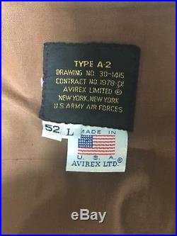 Vntg Avirex Ltd A2 Brown Bomber Air Force Aviator Goatskin Leather Jacket 52 USA