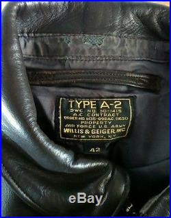 Vtg A-2 Willis Geiger Leather Flight Bomber Jacket Air Force Army A2 Size 42